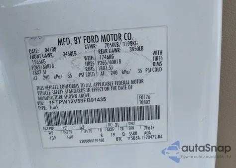 2008 Ford F-150 60Th Anniversary/Fx2/King Ranch/Lariat/Xlt из США, поврежденный, VIN 1FTPW12V58FB91435